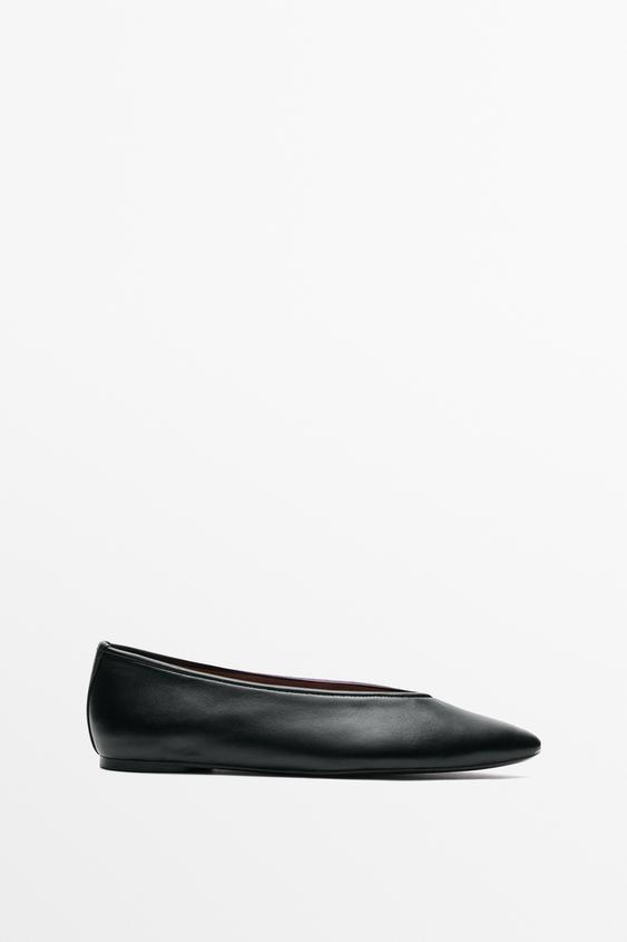 Zara Soft leather pointed toe ballerina - Black - Image 0