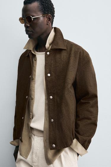Zara FLORAL JACQUARD JACKET - Chocolate
