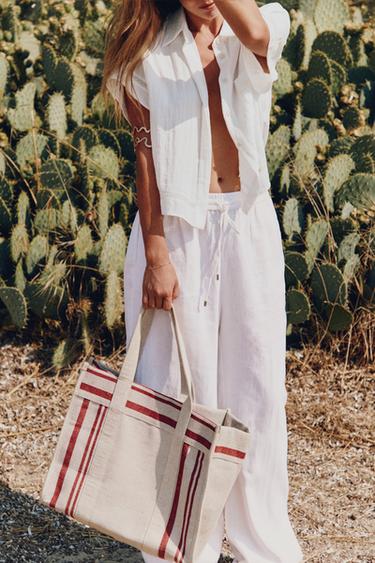 LINEN BLEND STRAIGHT TROUSERS - Oyster-white by Zara