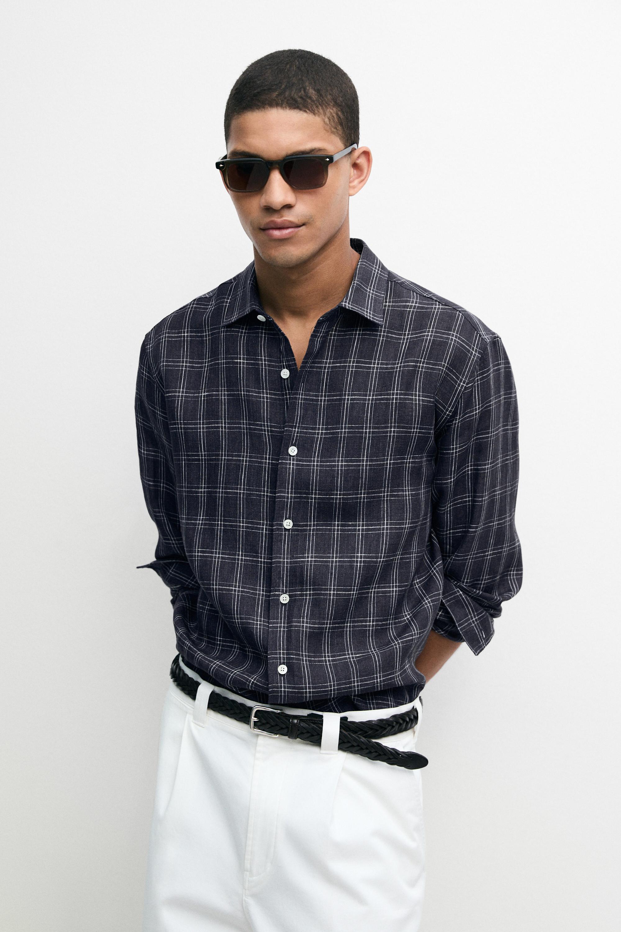 100% linen regular fit check shirt — Blue
