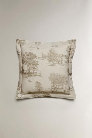 SATEEN PILLOWCASE WITH PRINT (300 THREAD COUNT) - Grey / Beige by Zara - Image 1