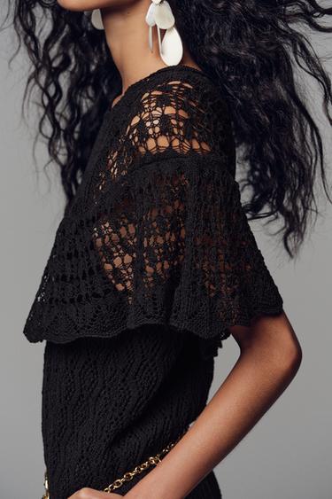 VESTIDO LARGO PUNTO POINTELLE VOLANTE - Negro de Zara