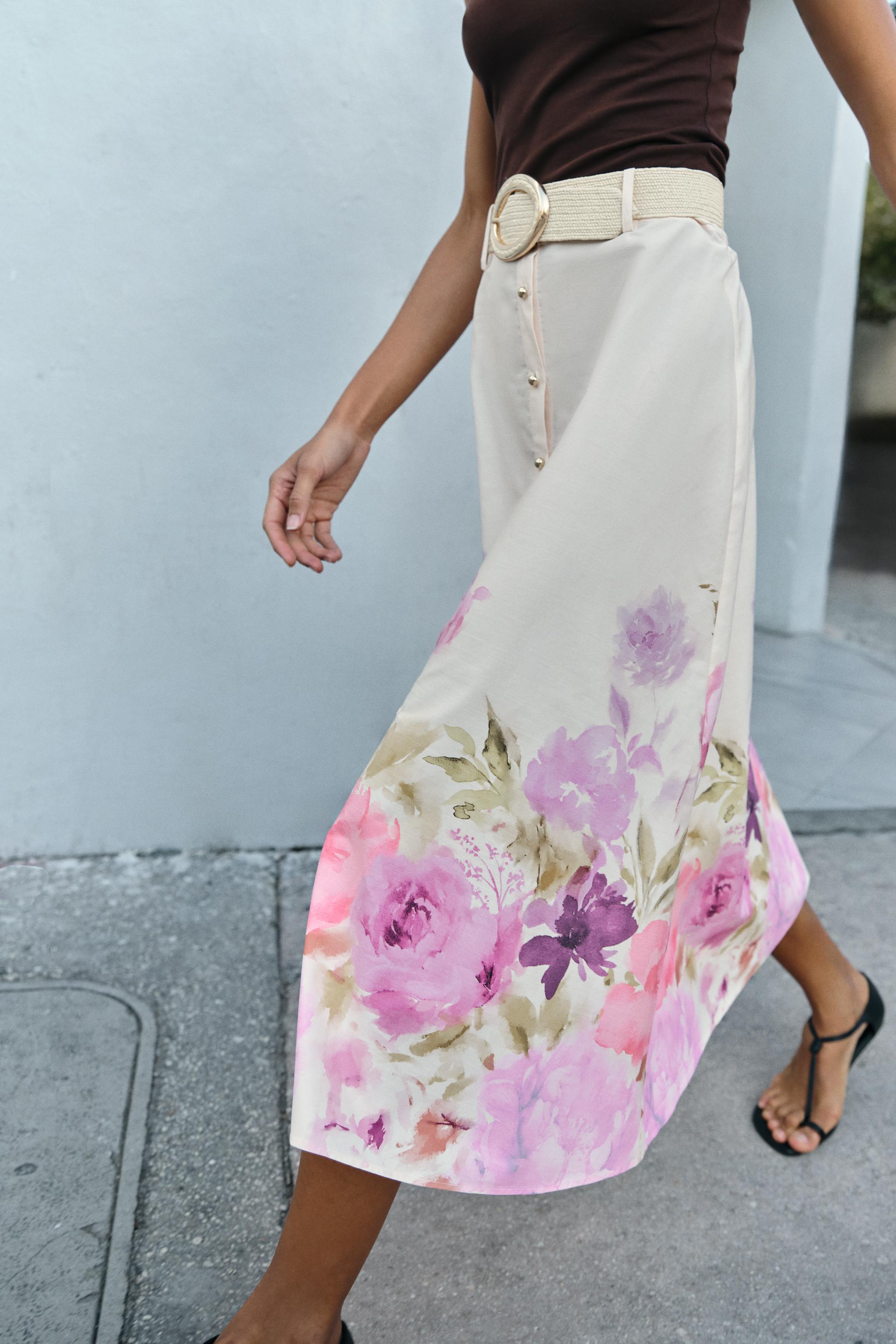 FLORAL PRINT BELTED MIDI SKIRT