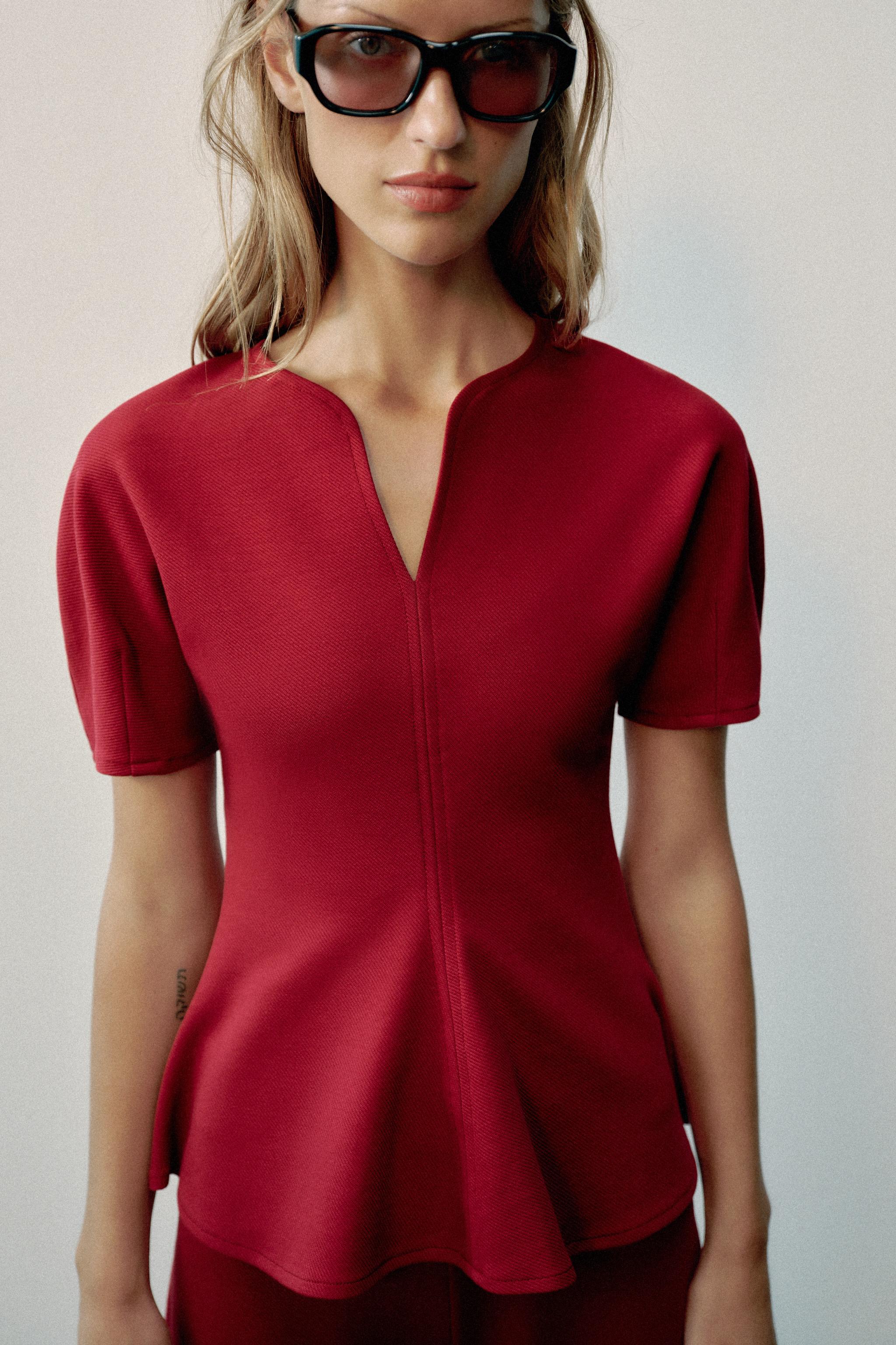 PUFF SLEEVE PEPLUM TOP — Burgundy
