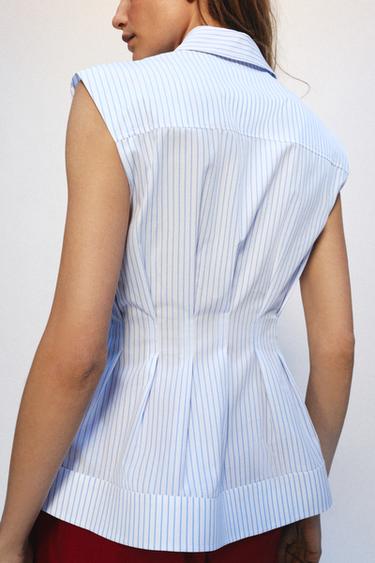 Zara KOŠULJA S NABORIMA BEZ RUKAVA ZW COLLECTION – plava / bijela