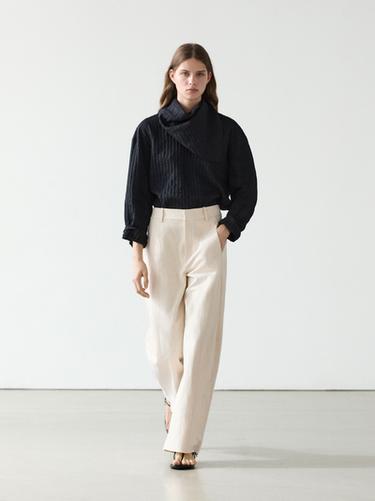 Zara Linen and cotton barrel fit trousers - Oyster-white