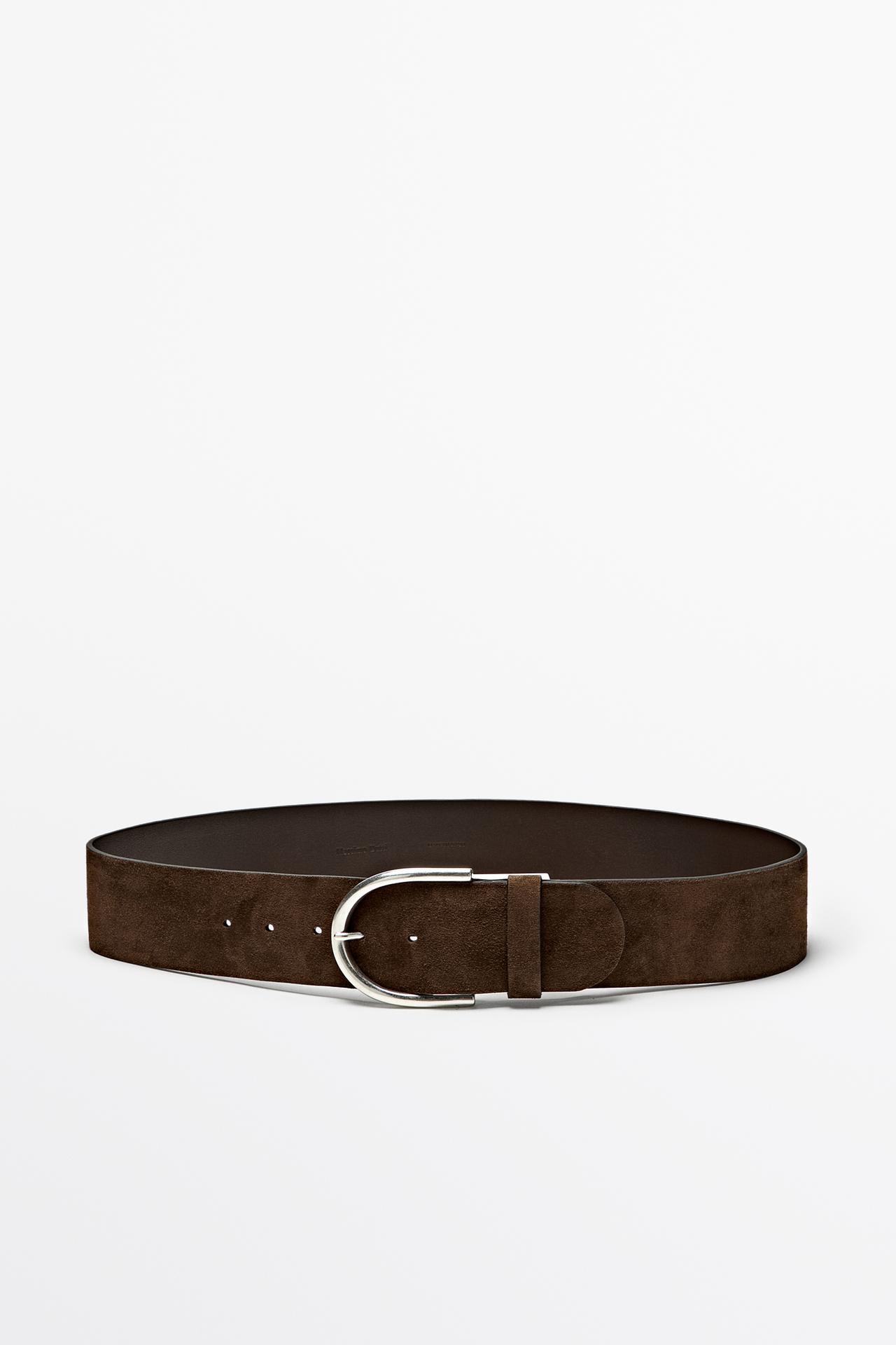 Split suede and leather metallic buckle belt — Khaki