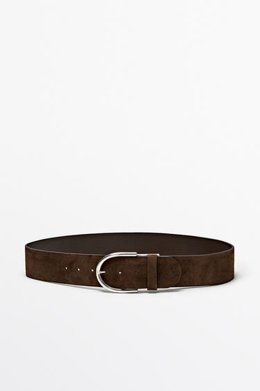 Ceinture en cuir croûte de cuir avec boucle métallique - Kaki de Zara