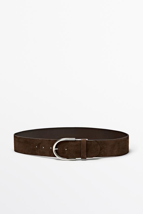 Zara Split suede leather belt with metallic buckle - Khaki - Image 0