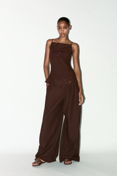 EMBROIDERED TROUSERS - Brown by Zara