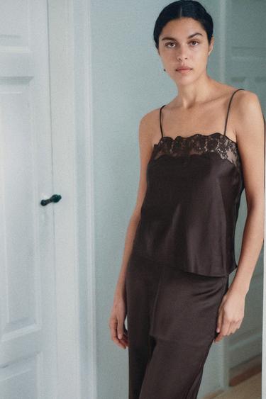 SATIN TOP WITH LACE - Brown by Zara
