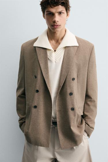 Zara DOUBLE BREASTED TEXTURED WEAVE JACKET - Brown
