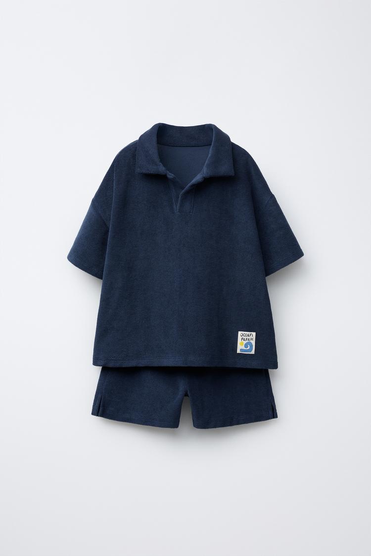 LABEL TERRY TOWELLING POLO SHIRT AND BERMUDA SHORTS SET Navy