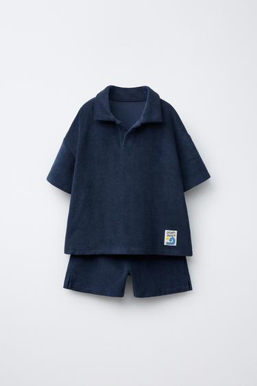 ENSEMBLE JOGGING POLO ET BERMUDA ÉPONGE ÉTIQUETTE - Bleu marine de Zara
