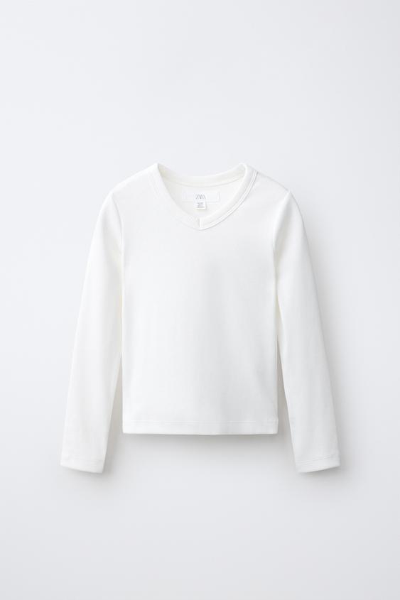 RIBBED V-NECK T-SHIRT - White by Zara - Image 0