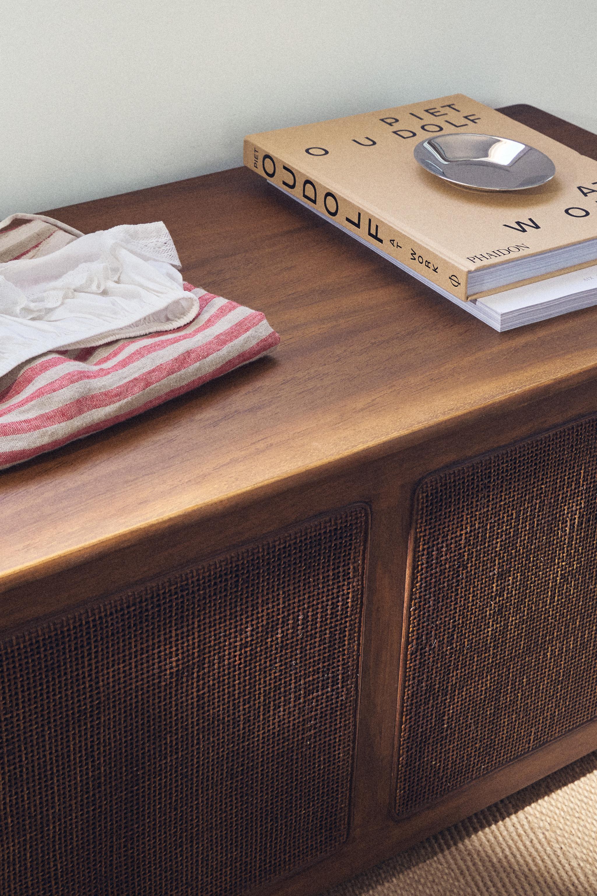 WOOD AND RATTAN BENCH