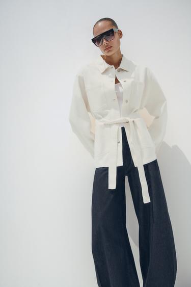 TRF DENIM JACKET WITH BELT - Oyster-white by Zara