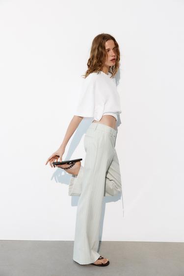 Zara LOW-RISE STRIPED STRAIGHT LEG PANTS - White / Gray