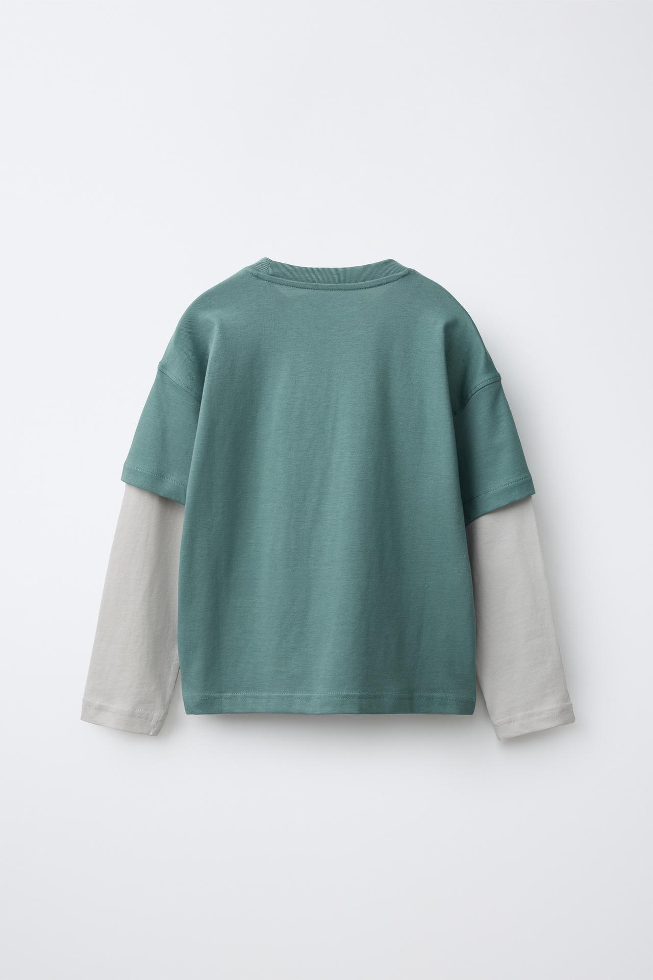 DOUBLE-SLEEVE TEXT T-SHIRT — Mid-green