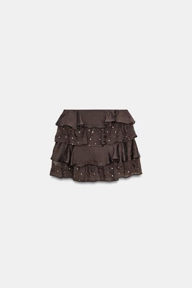 MINI SKIRT WITH RUFFLES AND SEQUINS - Brown by Zara