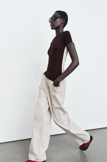 SHORT SLEEVE CONTRAST T-SHIRT - Beige-brown by Zara - Image 3