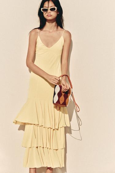 Zara 荷葉邊中長版洋裝 - 黃色
