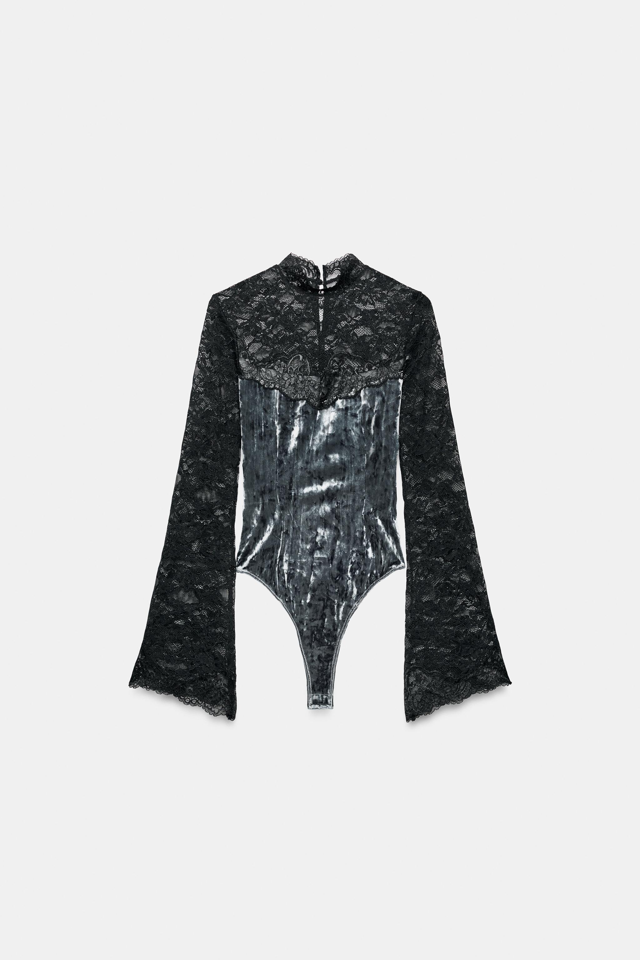 Lace And Velvet Combined Bodysuit by Zara