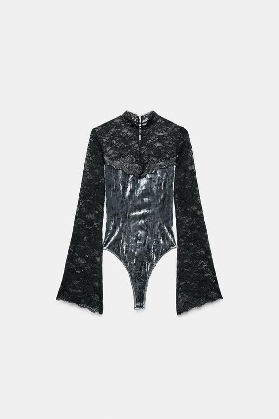 BODY COMBINÉ DENTELLE ET VELOURS - Bleu marine foncé de Zara - Image 0