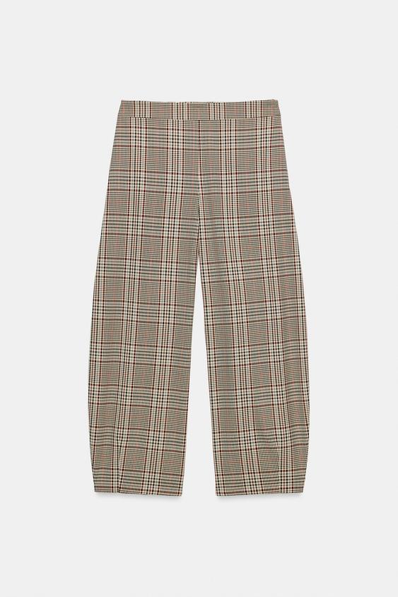 PANTALÓN BARREL CUADROS - Crudo / Granate de Zara - Imagen 0