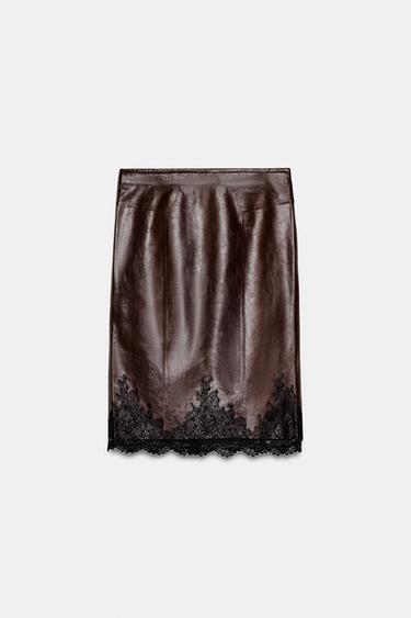 FALDA PIEL ENCAJE ZW COLLECTION LIMITED EDITION - Marrón de Zara