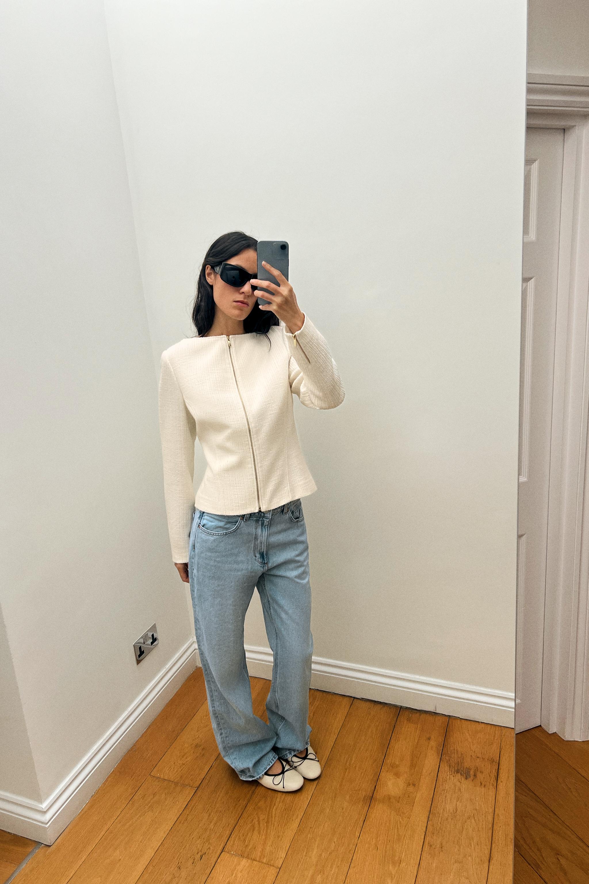TEXTURED BOAT NECK JACKET — Ecru