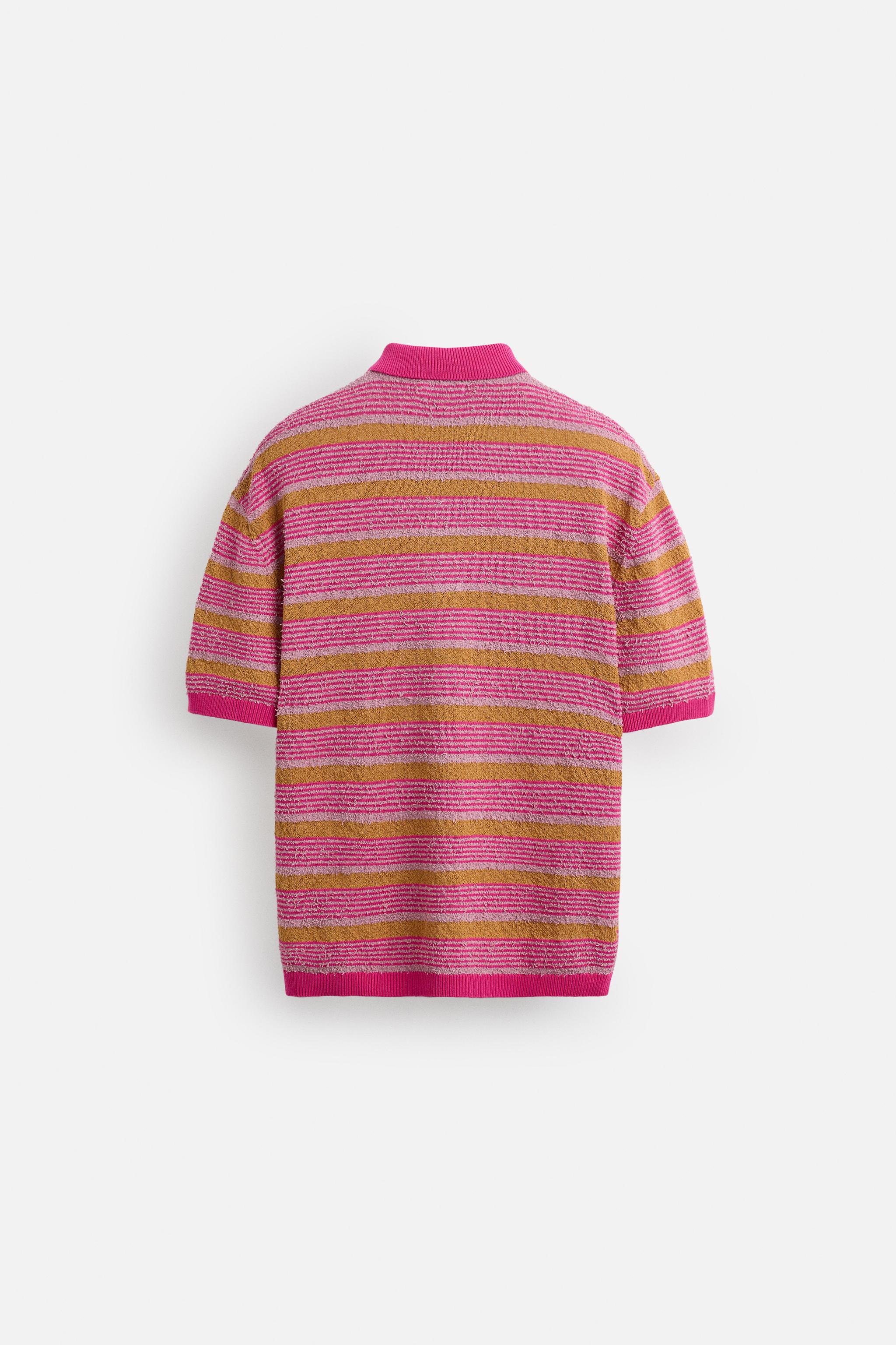 テクスチャードストライプニットポロシャツ - ピンク | ZARA