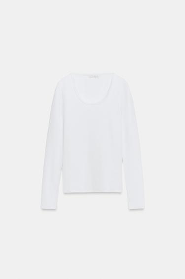 RIBBED SCOOP NECK T-SHIRT — White 1