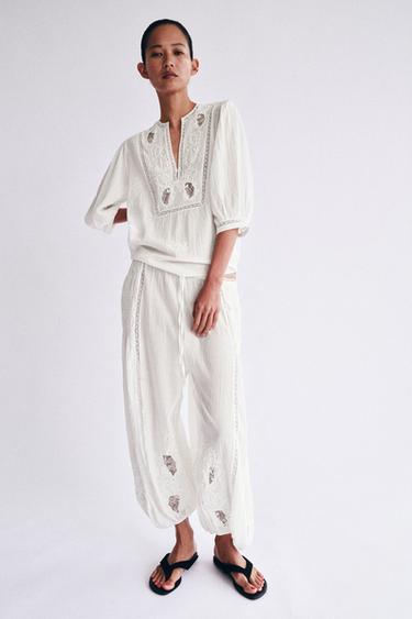 ZW COLLECTION LACE SAROUEL TROUSERS - Oyster-white by Zara