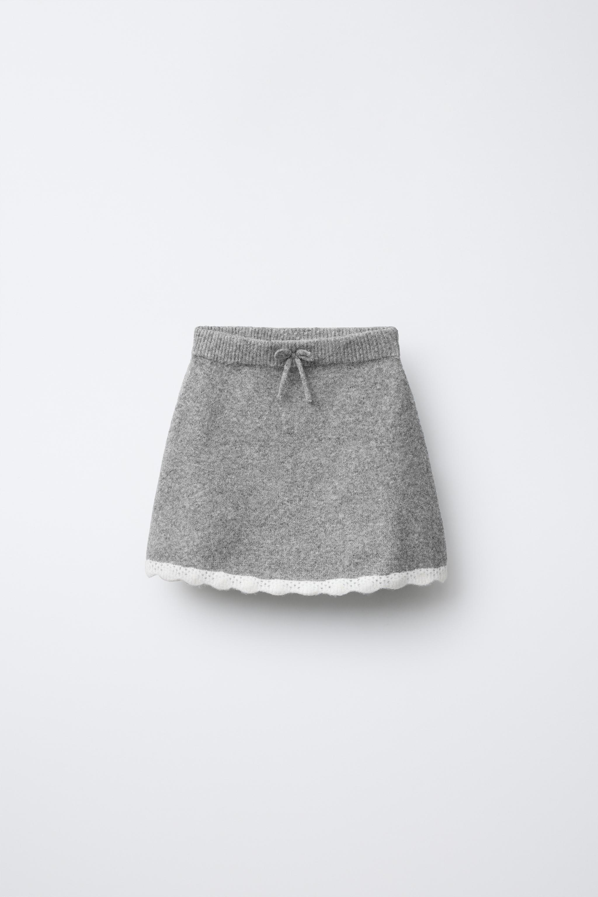 クロシェ編みトリム付きニットスカート - ミディアムグレー