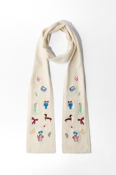EMBROIDERED KNIT SCARF - Ecru by Zara
