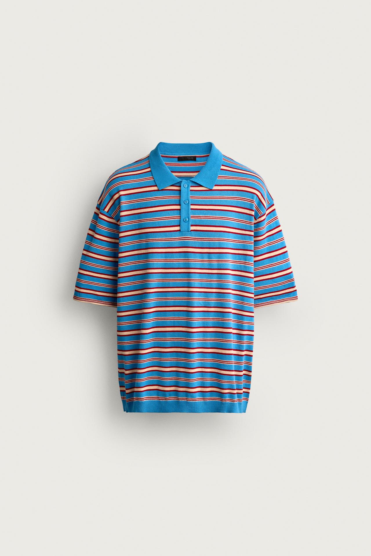 STRIPED JACQUARD KNIT POLO — Light blue