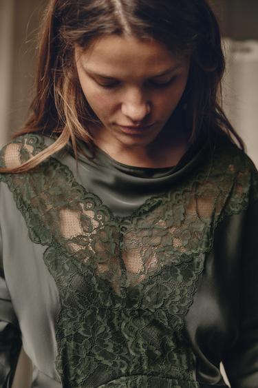 BATWING LACE SATIN DRESS - Green by Zara