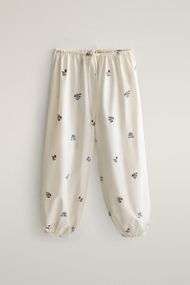 Zara FLORAL EMBROIDERED PAJAMA TROUSERS - Oyster-white