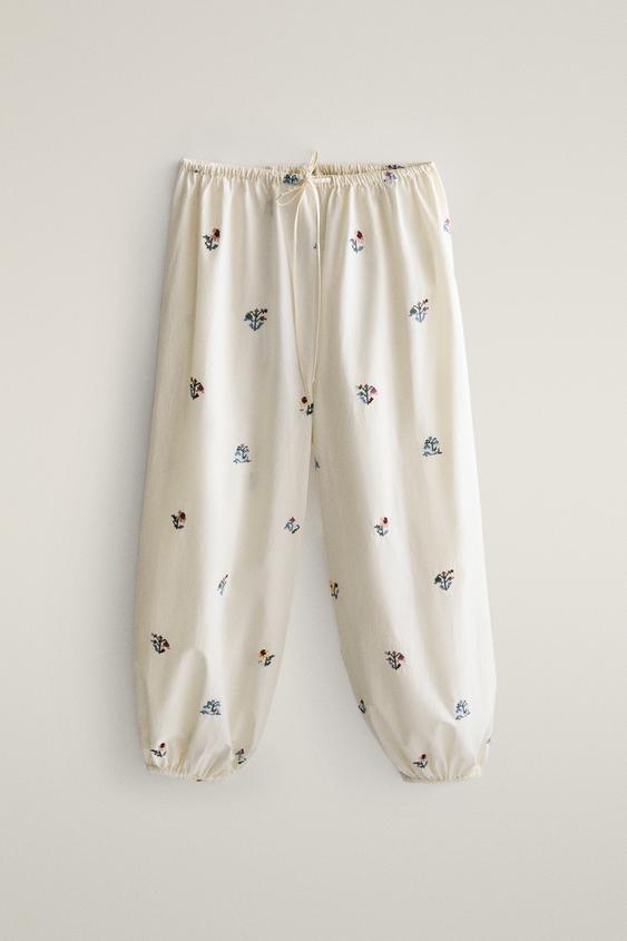 Zara FLORAL-EMBROIDERED PAJAMA TROUSERS - Oyster-white - Image 0
