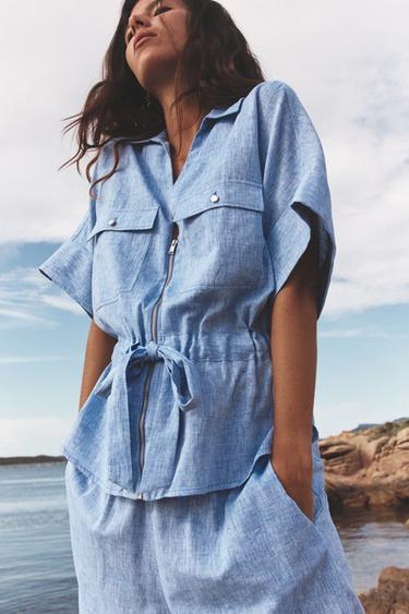 Zara LINEN SAFARI SHIRT - Blue