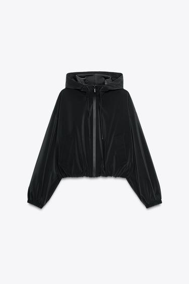 CAZADORA ENGOMADA CAPUCHA - Negro de Zara