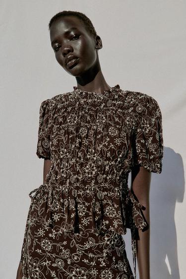 Zara EMBROIDERED TOP - Brown / Ecru