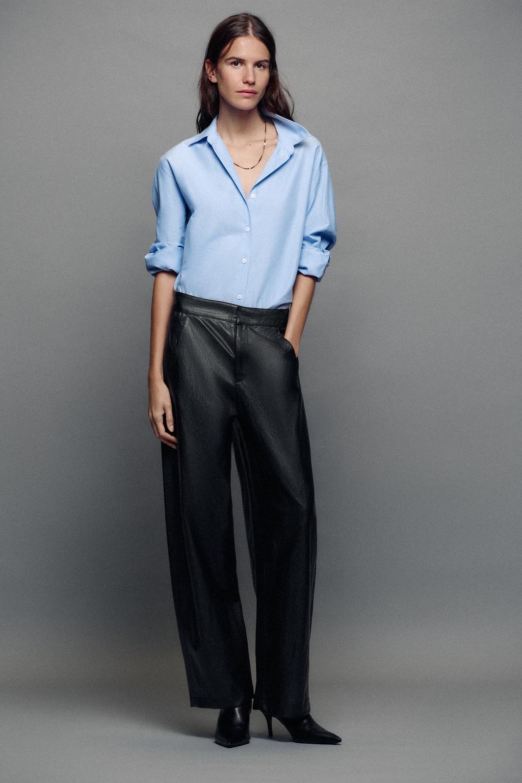 LEATHER EFFECT BARREL TROUSERS