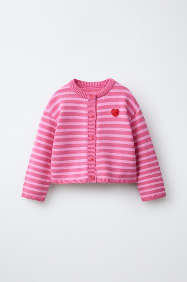 STRIPED HEART KNIT CARDIGAN - Pink by Zara