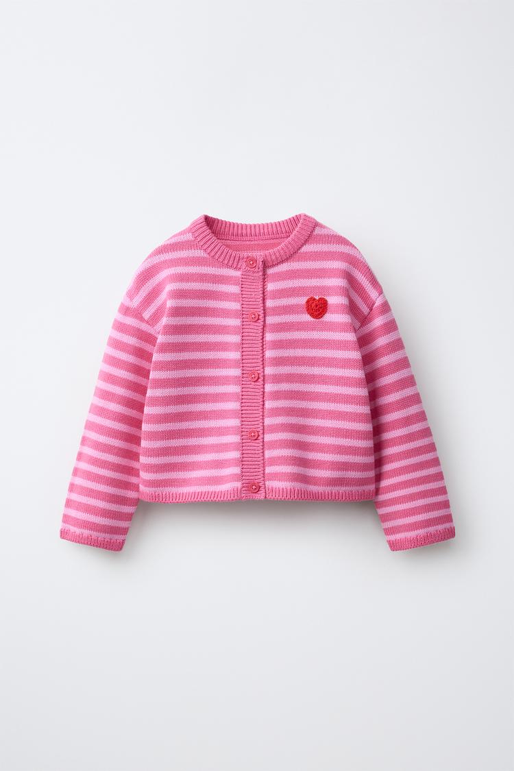 STRIPED HEART CARDIGAN — Pink