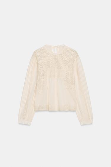 ZW 컬렉션 자수 셔츠 - Zara 미디움 크림