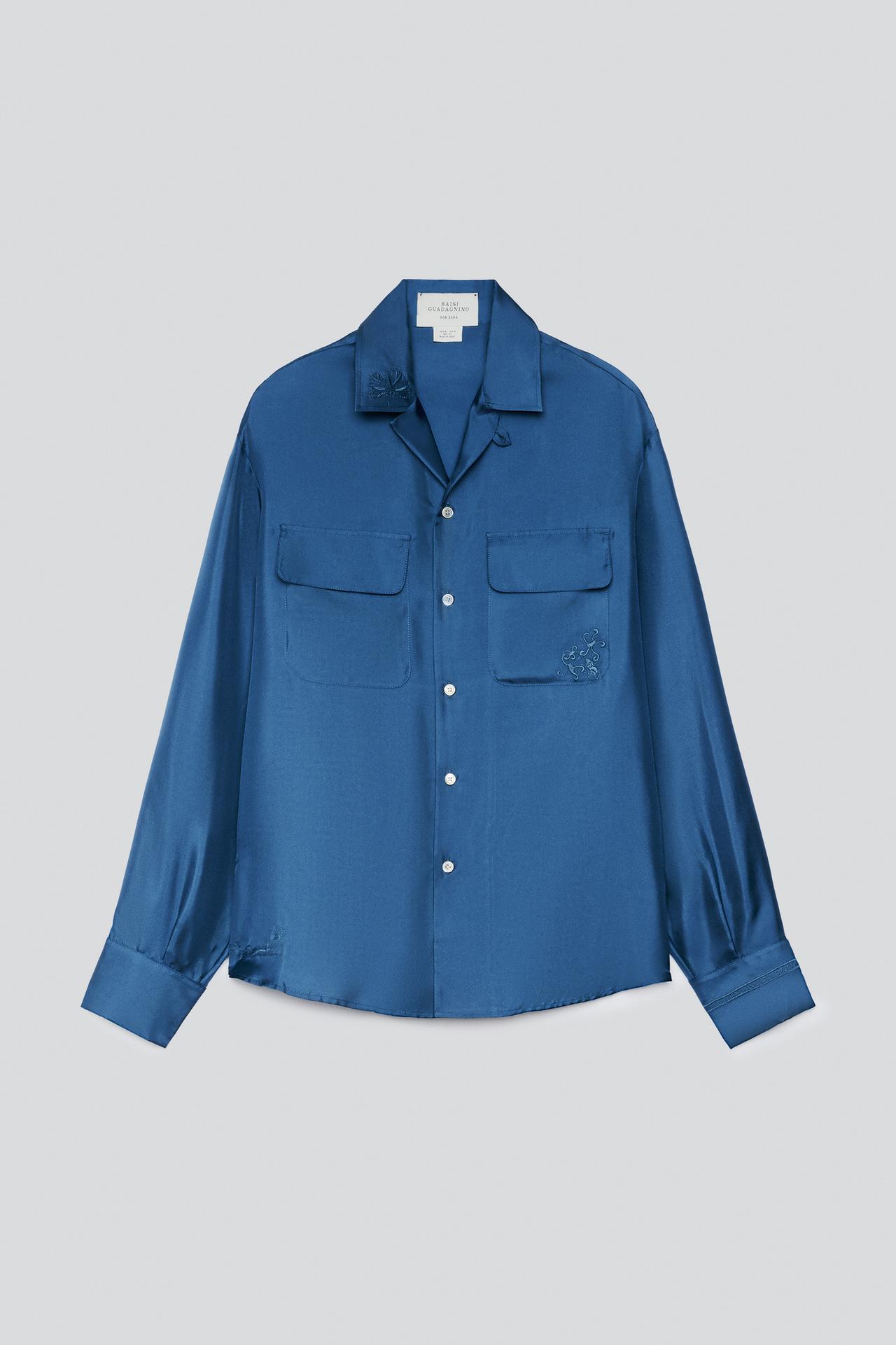 100% SILK POCKET SHIRT — Mid-blue