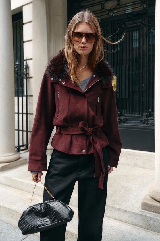 BLOUSON CEINTURE COL EFFET FOURRURE - Aubergine de Zara - Image 1