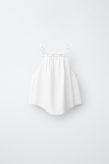 Zara TOP SA AMERIČKIM IZREZOM OD LANA – prljavobela